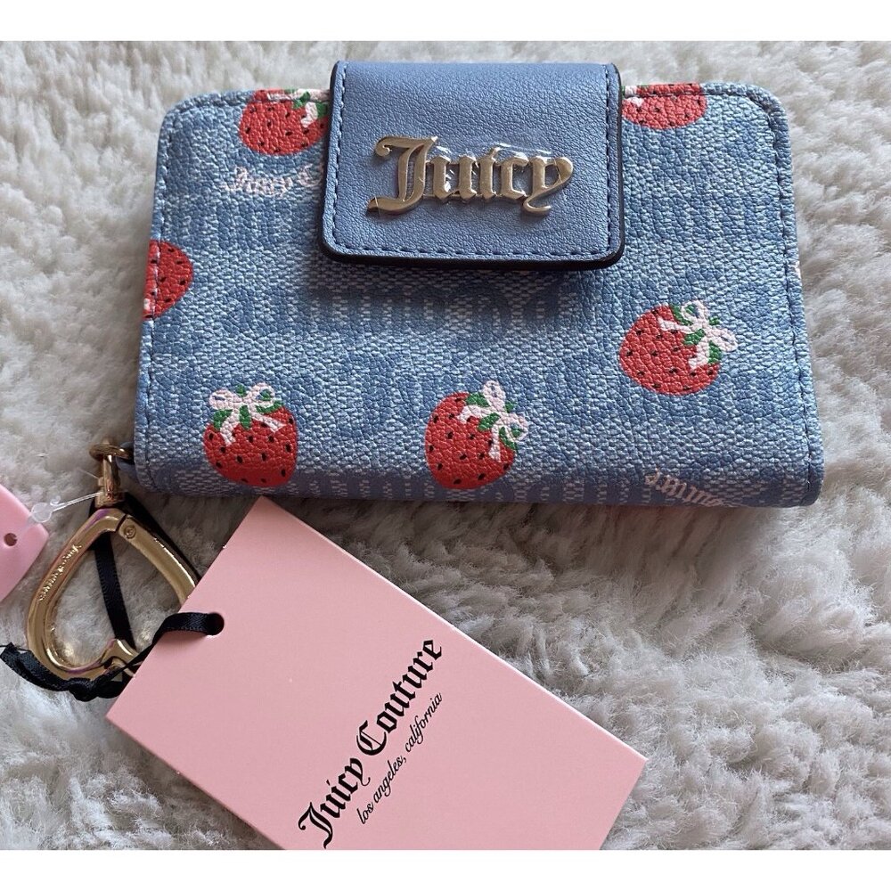 Juicy Couture Dusty Blue Red Berry Sweet Tab Card Wallet FOB W/Charm Strawberry